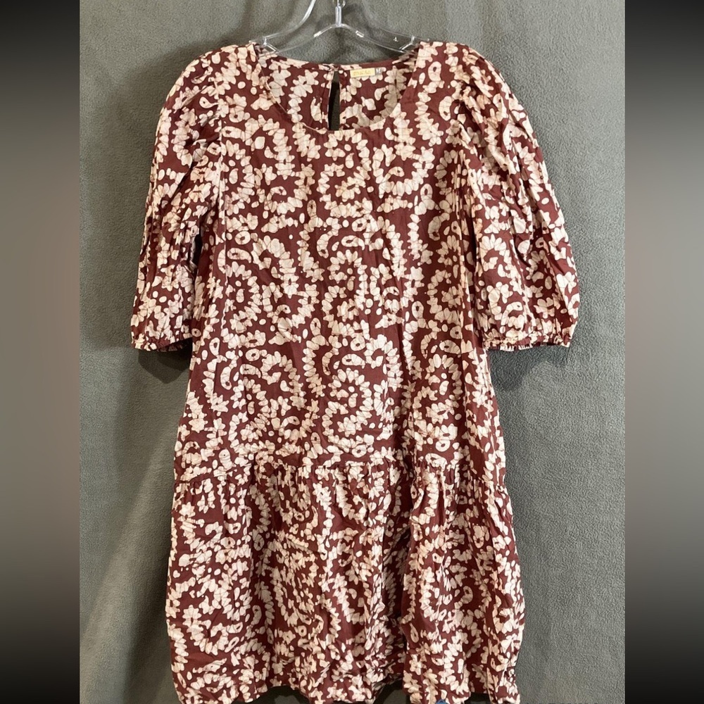 Matta Short Sleeve Dress Sz Medium Brown Burgundy Cream 100% organic cotton - Picture 2 of 6